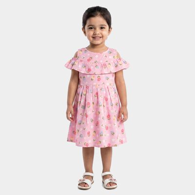 Girls Pink Fit and Flare Floral Printed Cold Shoulder Frock