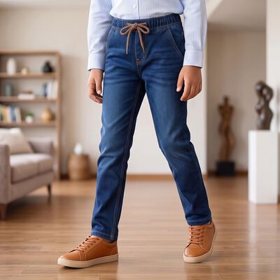 Boys' Navy Blue Straight Fit Drawstring Waist Jeans