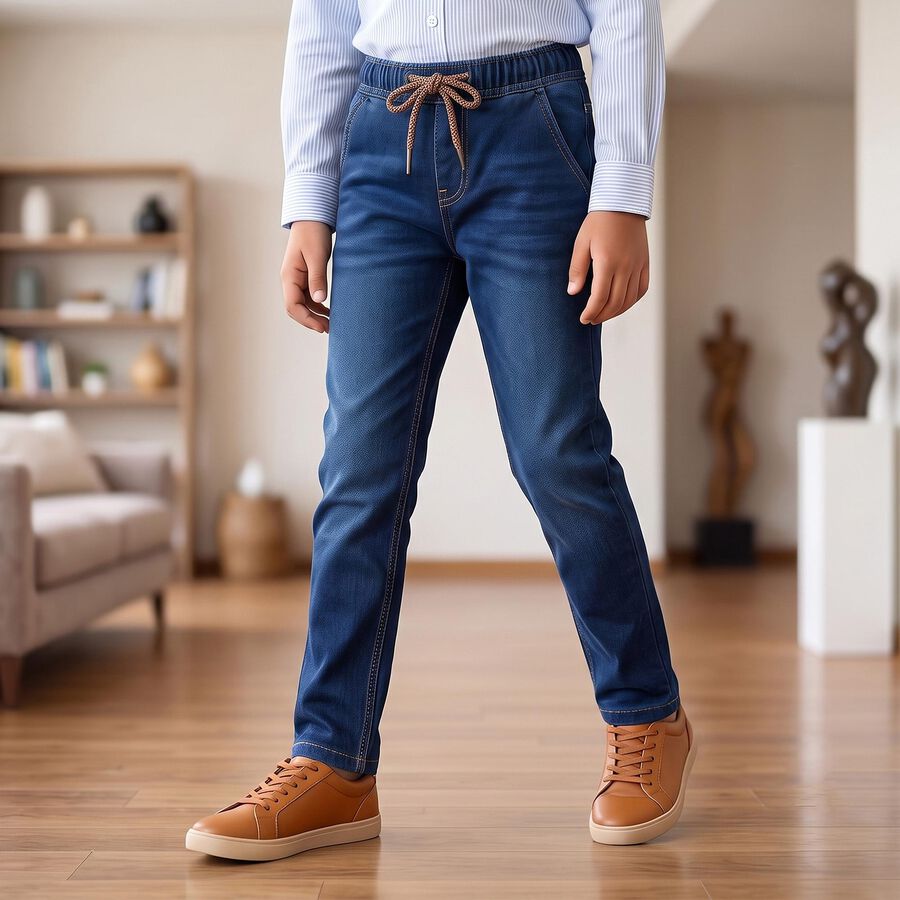 Boys' Navy Blue Straight Fit Drawstring Waist Jeans, गहरा नीला, large