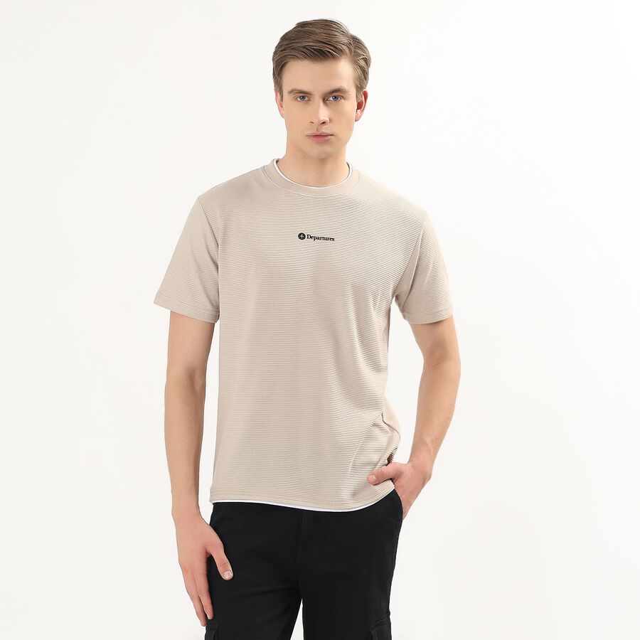Men's Beige Round Neck Casual T-Shirt, Beige, large