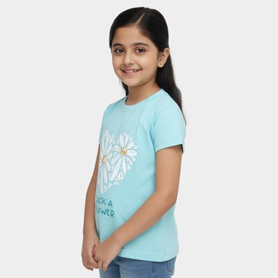 Girls' Aqua Round Neck Graphic Printed T-Shirt