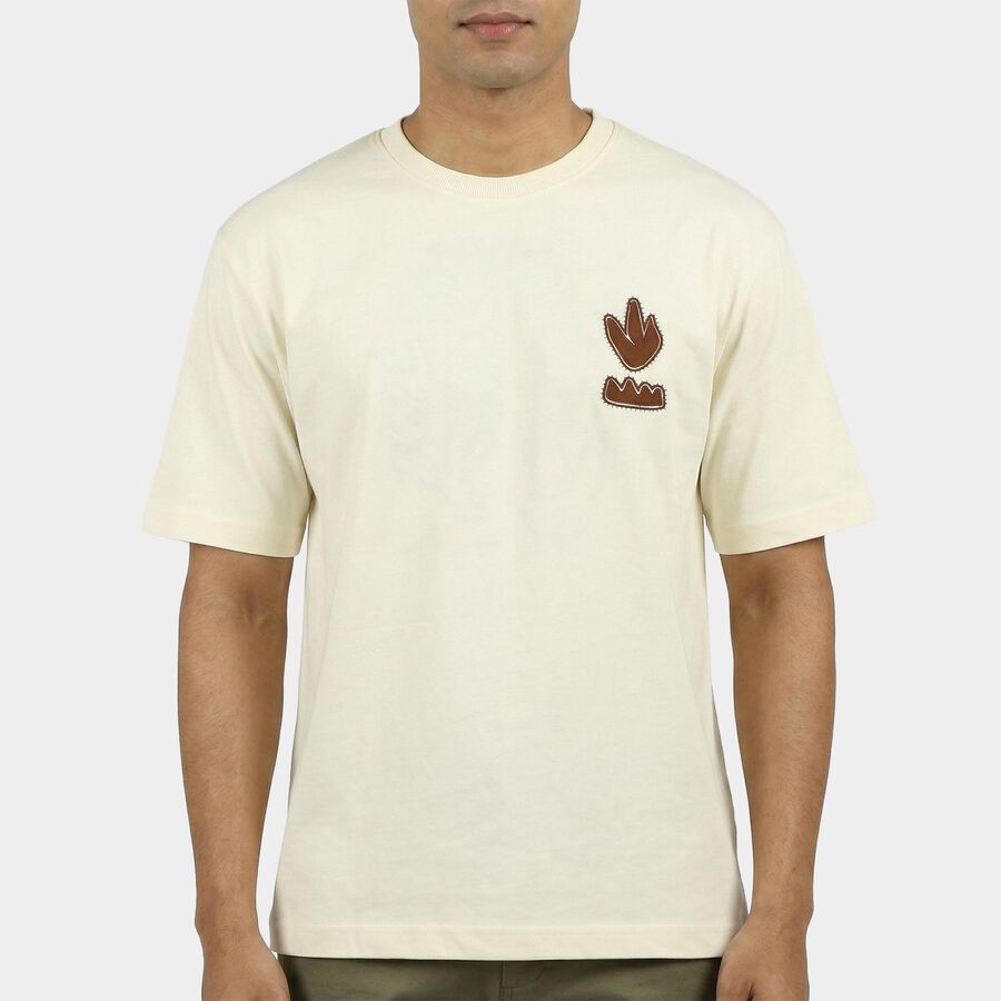 Men's Beige Cotton Round Neck Casual T-Shirt, गहरा पीला, large