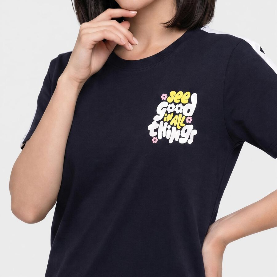 Women's Navy Blue Round Neck Regular T-Shirt, नेवी ब्लू, large