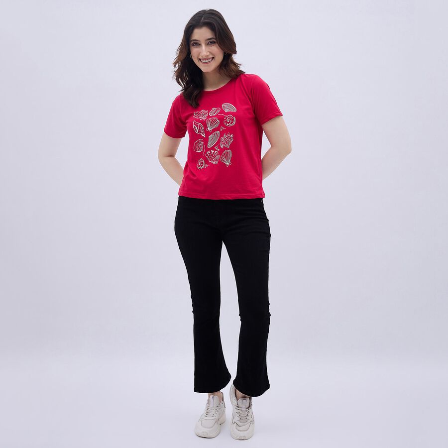 Women's Bright Red Round Neck Casual T-Shirt, Fuchsia, large