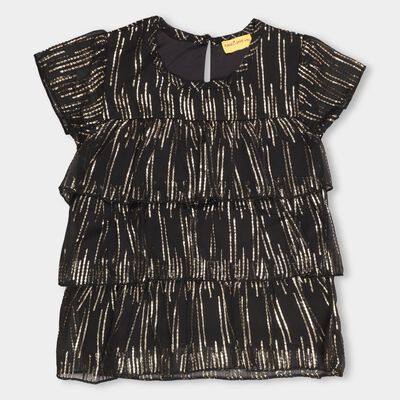 Girls' Jet Black Round Neck Partywear Tunic T-Shirt