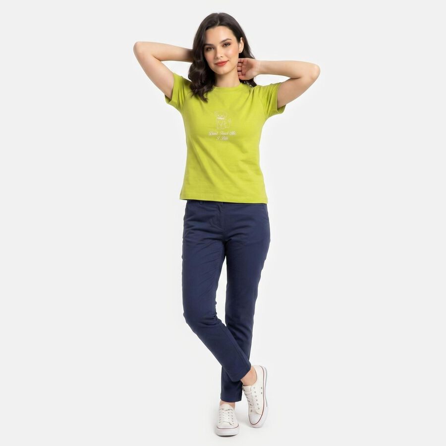 Women's Green Round Neck Regular T-Shirt, Neon Green, large