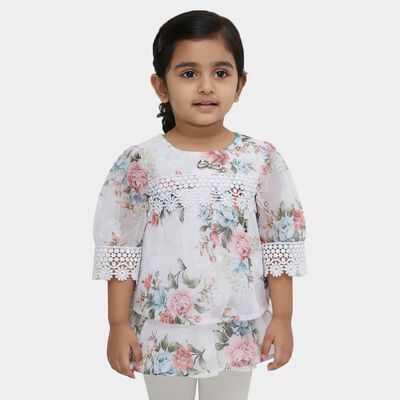 Girls White Round Neck Romantic Floral T-Shirt
