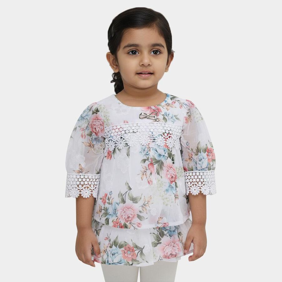 Girls White Round Neck Romantic Floral T-Shirt, White, large