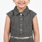 Girls' Grey Shirt Style Belted Frock, हल्का ग्रे, small
