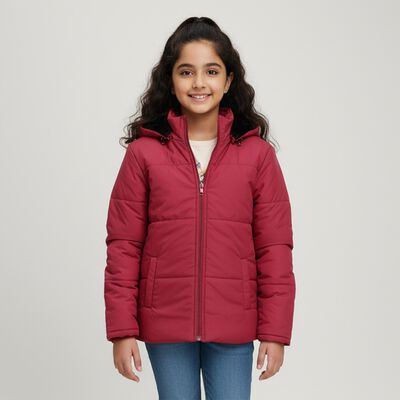 Girls' Vibrant Red Hooded Puffer Jacket