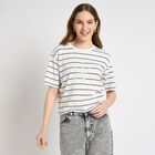 Ladies'  Stripes Round Neck T-Shirt, Off White, small