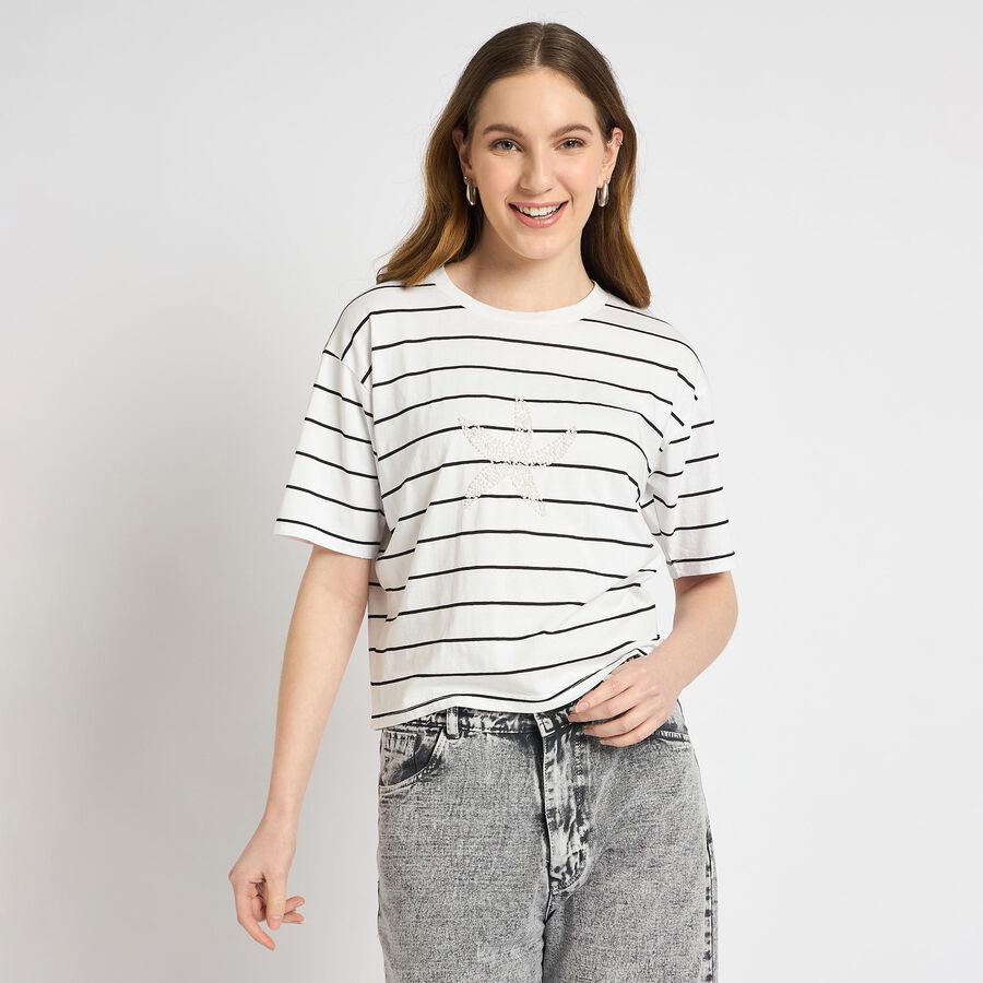 Ladies'  Stripes Round Neck T-Shirt, Off White, large