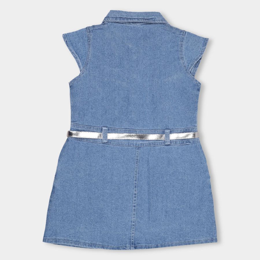 Girls' Light Denim Blue A-Line Ruffled Frock, Mid Blue, large image number null