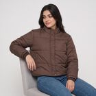 Women's Brown Stand Collar Puffer Jacket, Brown, small