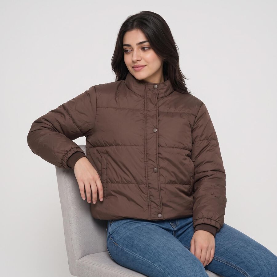 Women's Brown Stand Collar Puffer Jacket, Brown, large