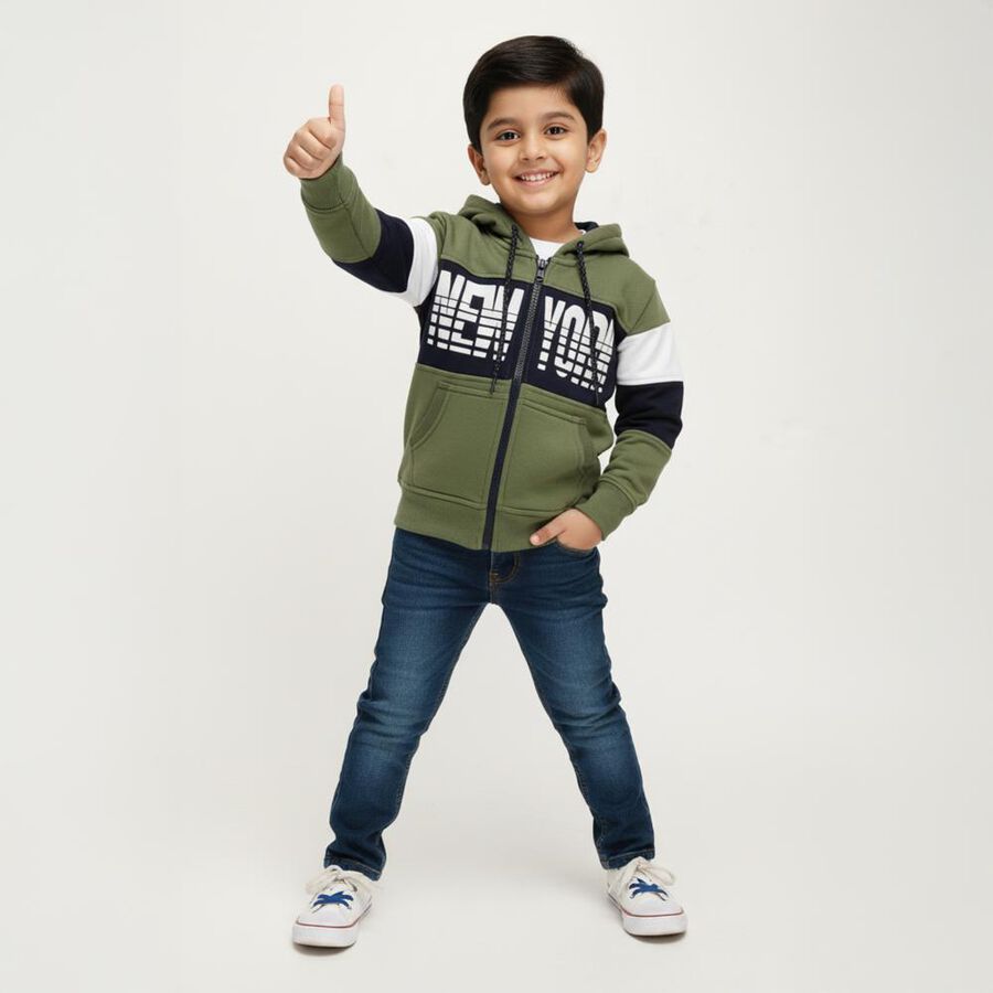 Boys Olive Green Hooded Neck Casual Sweatshirt, Olive, large image number null