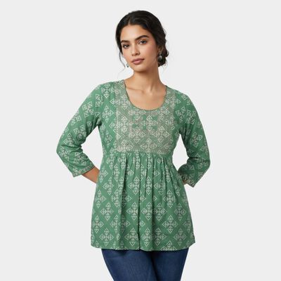 Women's Green Round Neck Printed Kurti