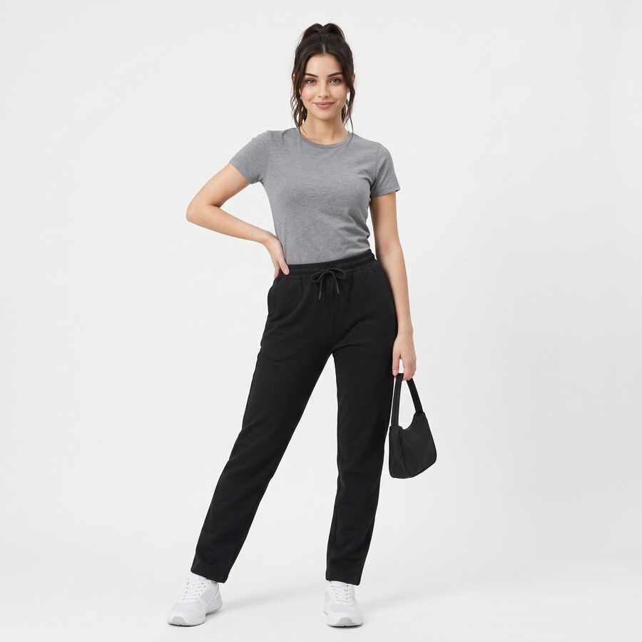 Women's Black Straight Fit Solid Track Pants, काला, large