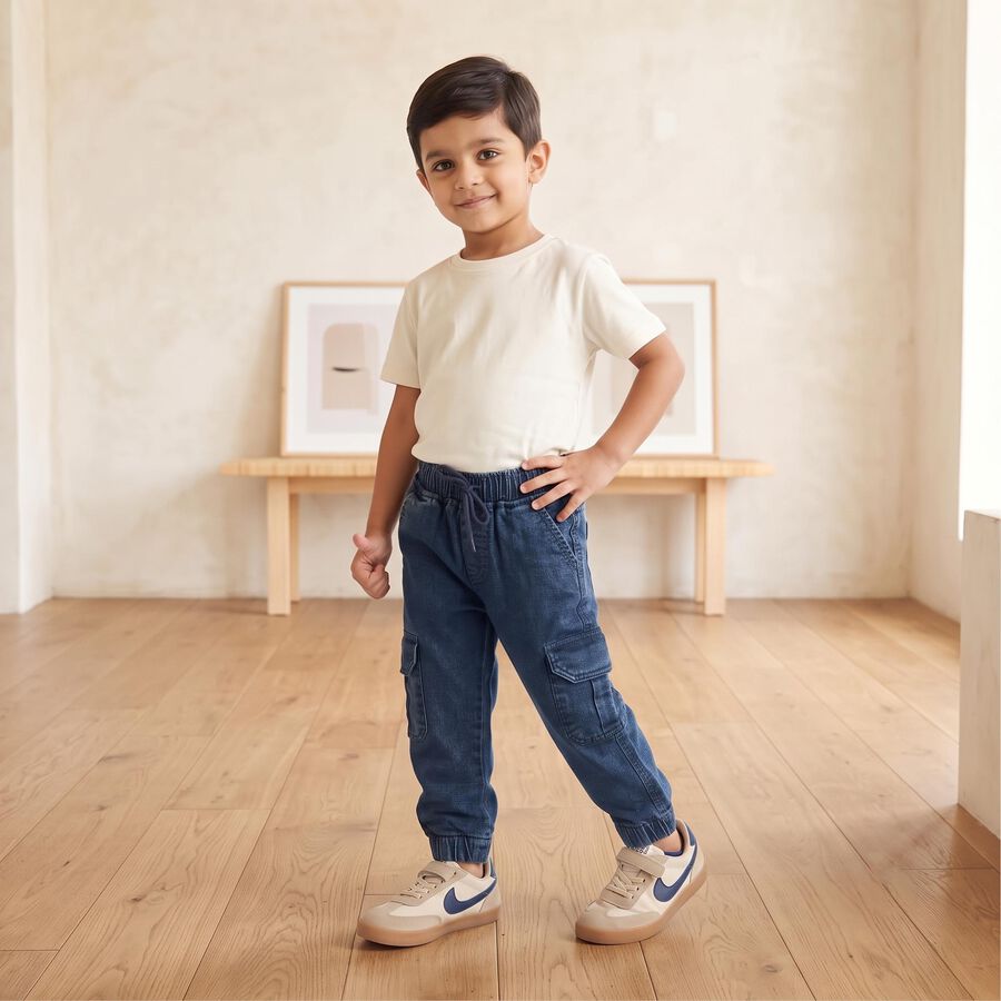 Boys Blue Cargo Fit Washed Jeans, Dark Blue, large