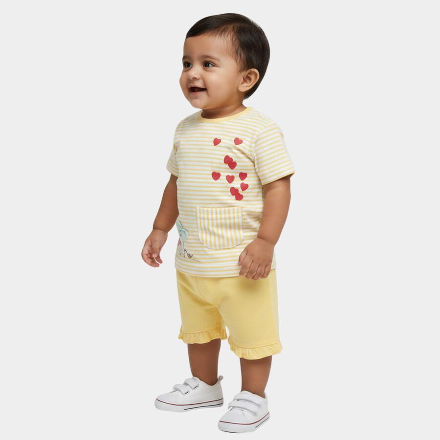 Infants Yellow Cotton Sleeveless Casual Shorts Set, Yellow, large