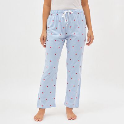 Women's Light Sky Blue Heart Printed Elastic Waist Pyjama