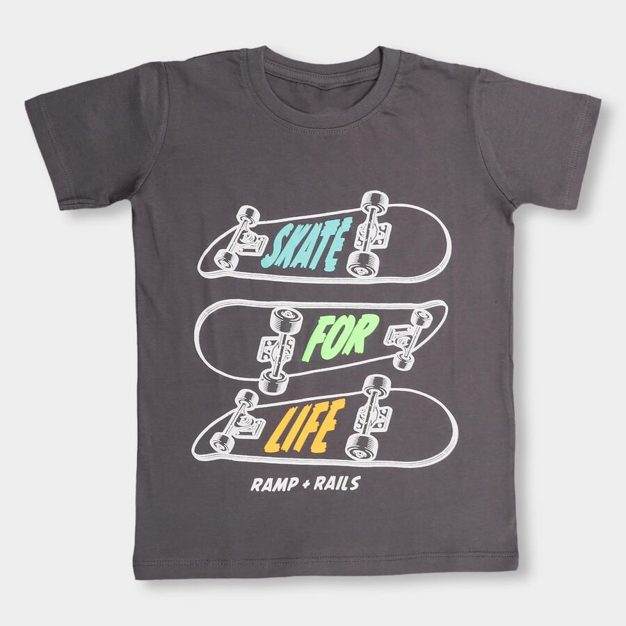 Boys' Dark Grey Cotton Round Neck Graphic Print T-Shirt, Dark Grey, large image number null