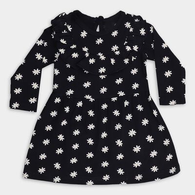 Infants' Black Daisy Print Ruffled Long Sleeve Frock