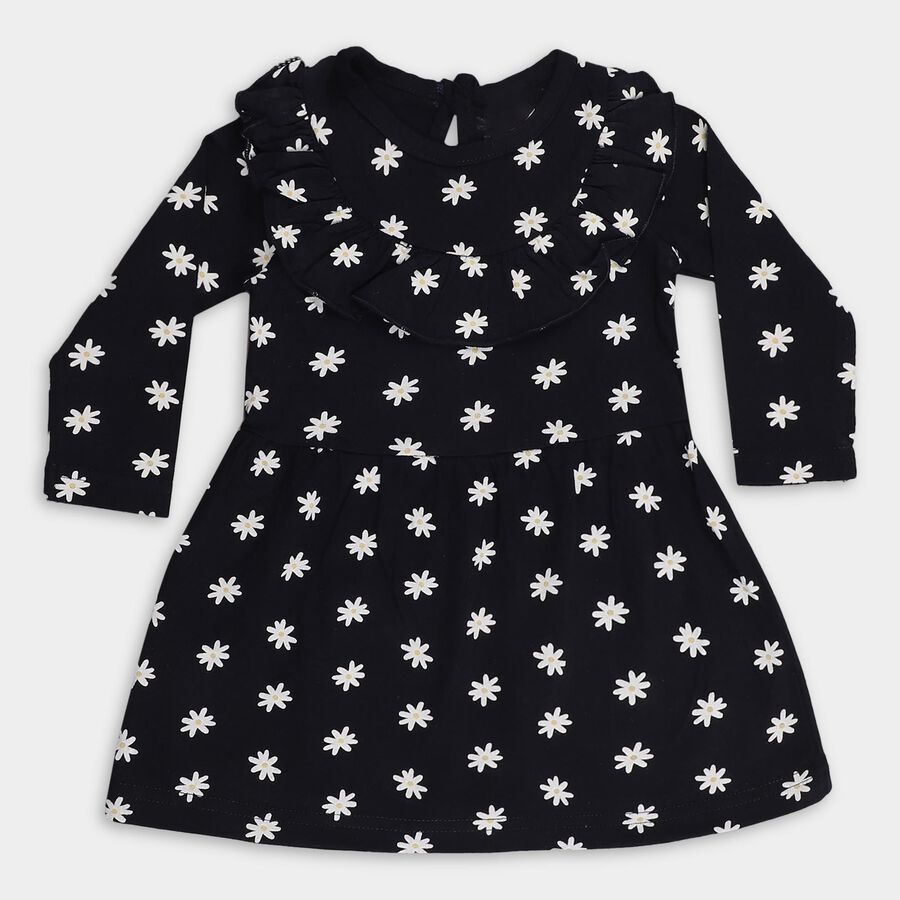 Infants' Black Daisy Print Ruffled Long Sleeve Frock, नेवी ब्लू, large image number null