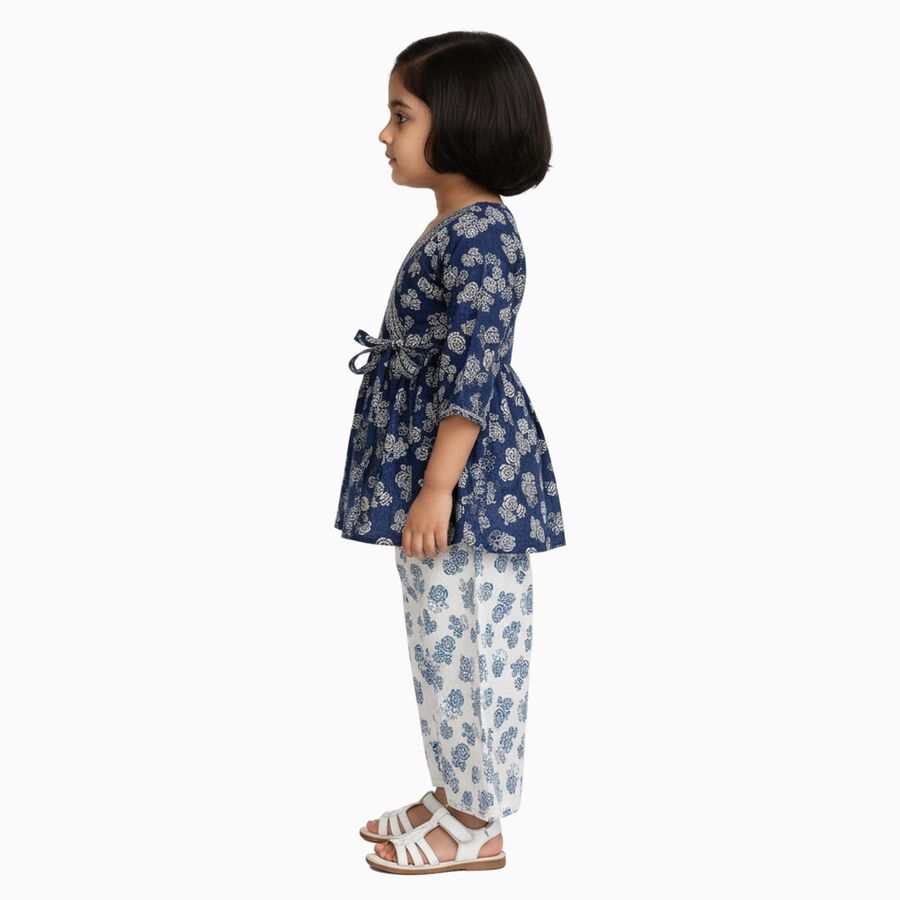 Girls' Deep Navy Blue Wrap-Style Floral Printed Kurta and Palazzo Fusion Set, Navy Blue, large