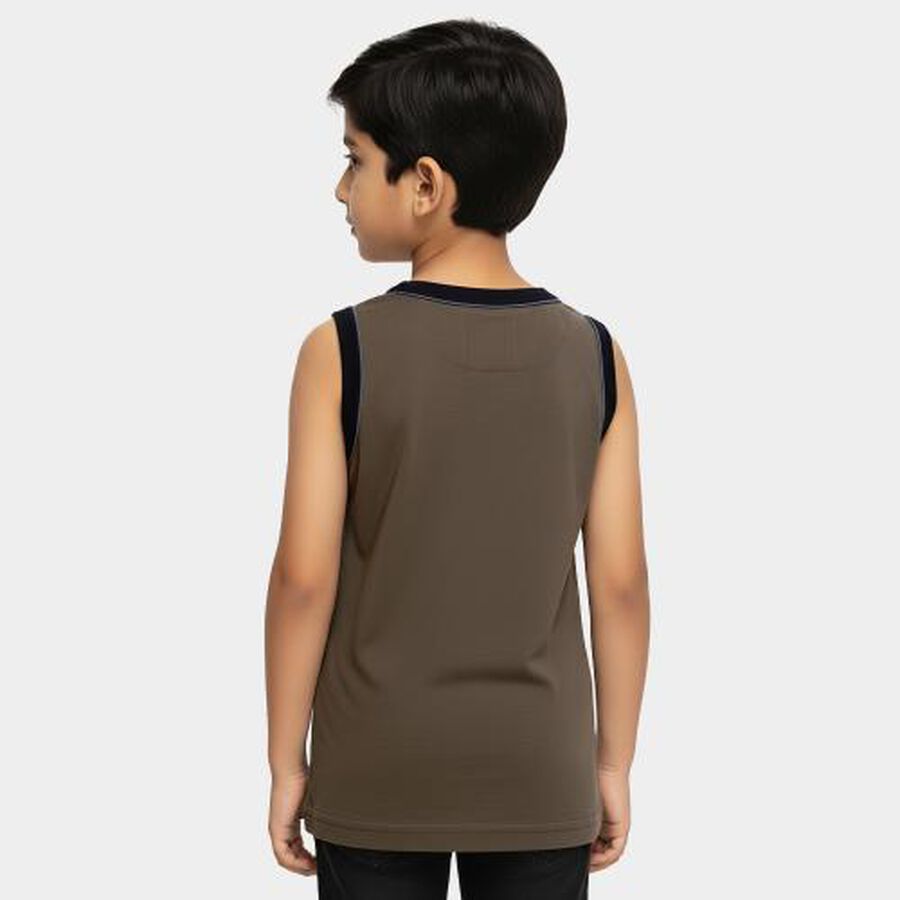 Boys Bright White Cotton Round Neck Casual Vest, Olive, large image number null