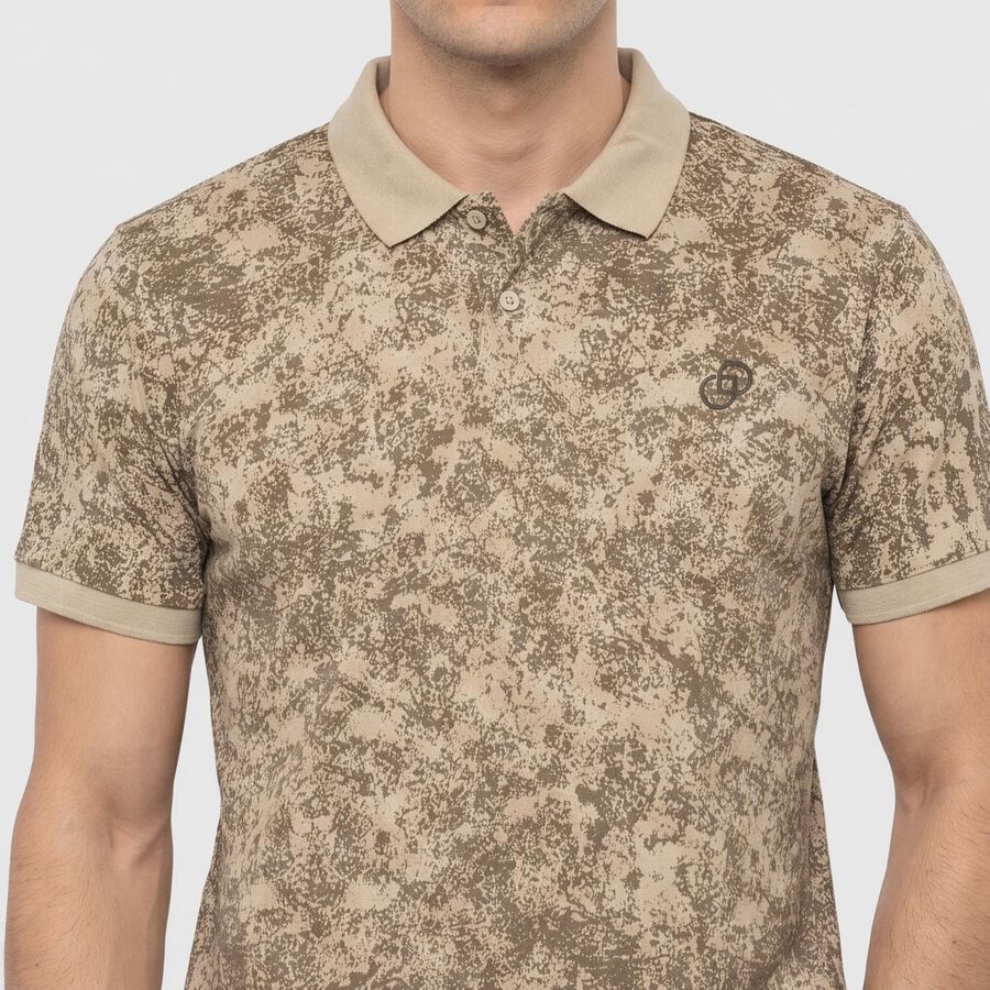 Men Beige Cotton Polo Neck Abstract Printed T-Shirt, Beige, large