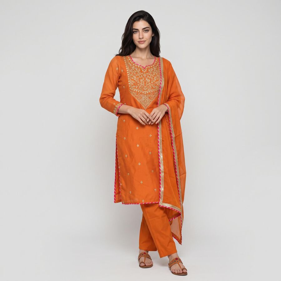 Women's Rust Notch Neck Embroidered Ethnic Set, Rust, large