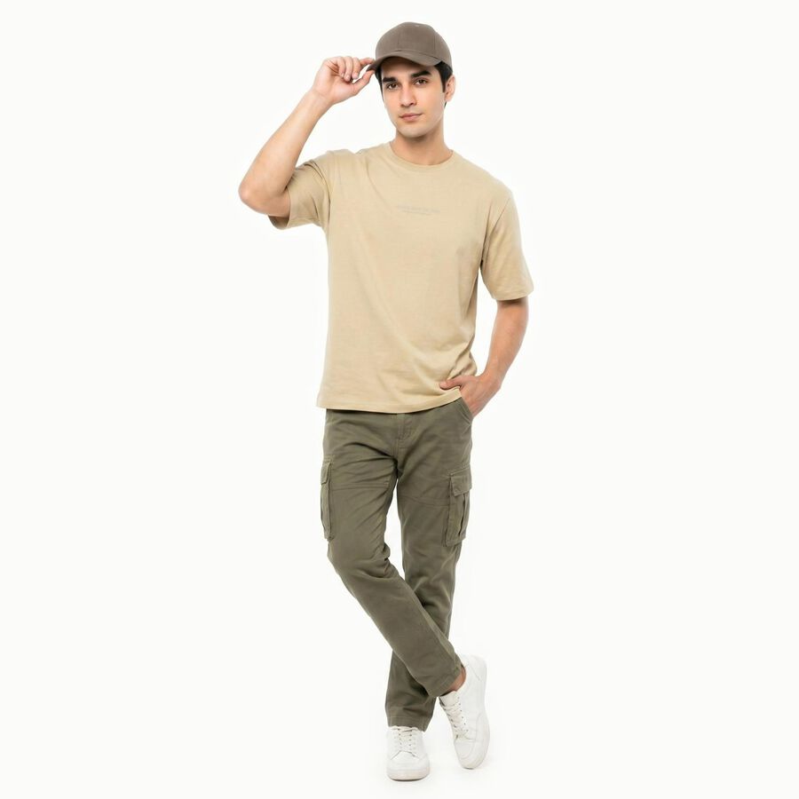 Men's Beige Round Neck Graphic Print Regular T-Shirt, Beige, large