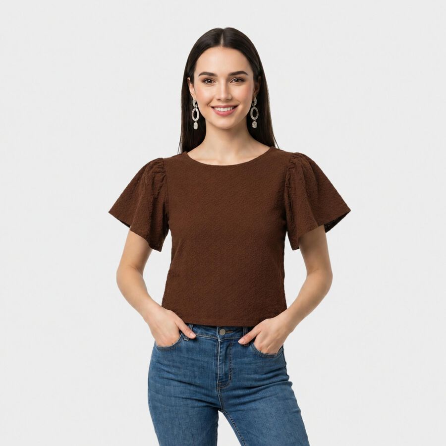Women's Brown Round Neck Regular Top, Brown, large