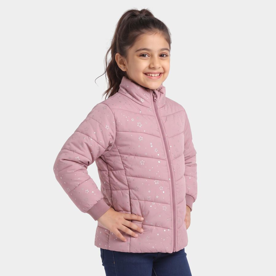 Girls Pink Stand Collar Puffer Jacket, गुलाबी, large
