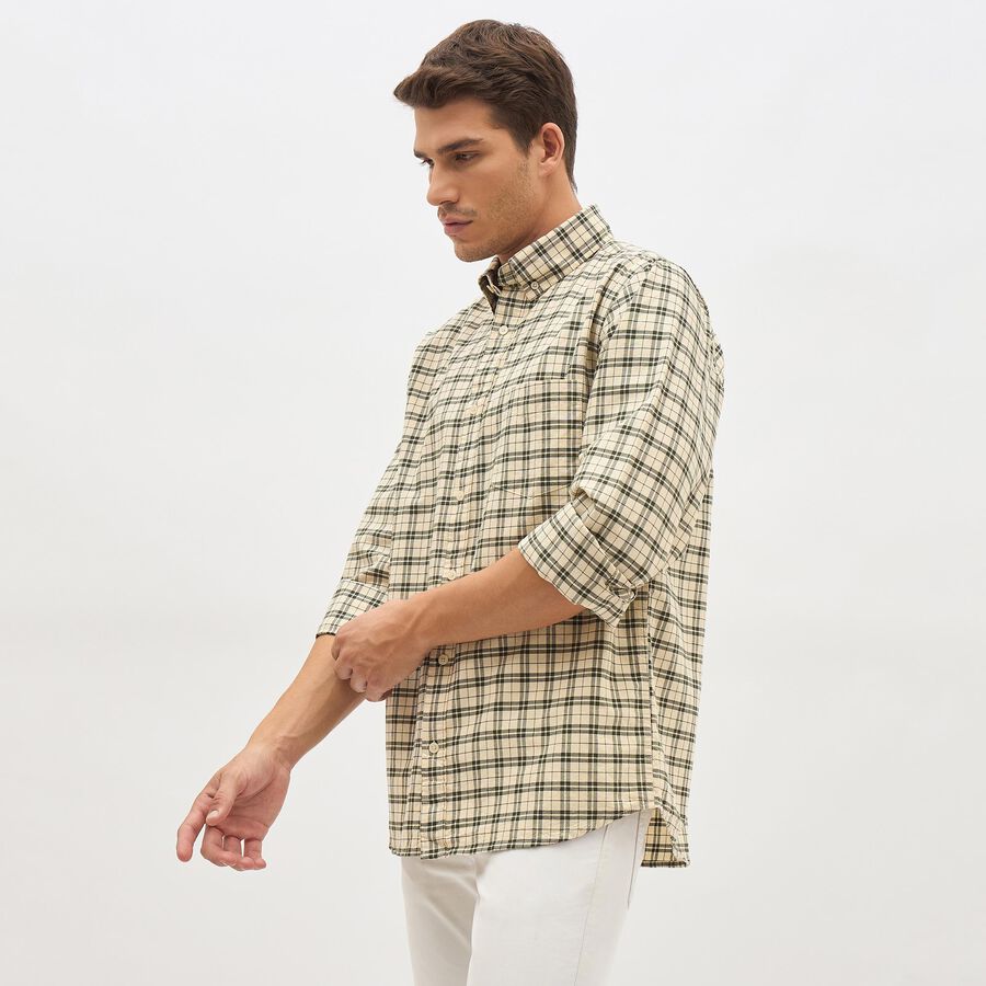 Men's Muted Beige Cotton Button Down Slim Fit Shirt, गहरा पीला, large image number null