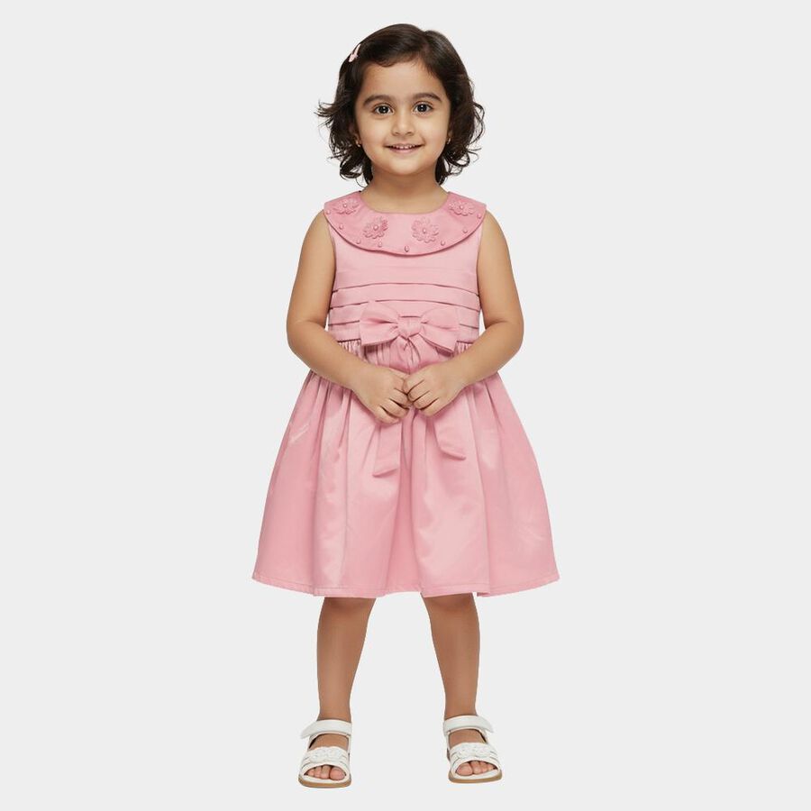 Girls' Soft Pink Floral Embellished Sleeveless Party Frock, Pink, large image number null