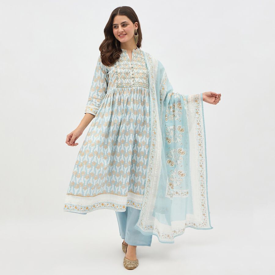 Women's Light Blue Cotton Round Neck Embroidered Kurta, Light Blue, large image number null