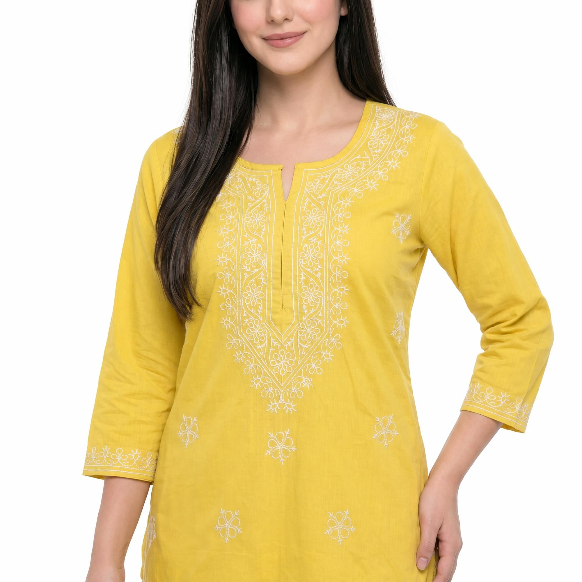Mavie Women's Yellow Cotton Notch Neck Embroidered Kurta | Vishal