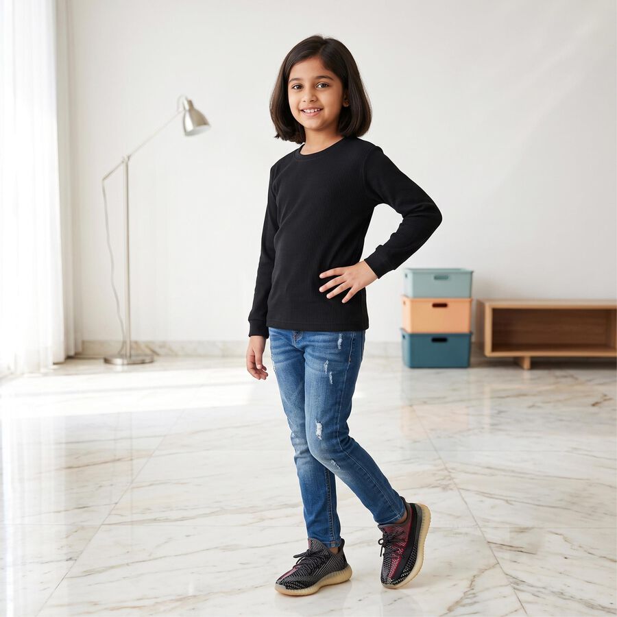 Girls' Black Long Sleeve Thermal, काला, large