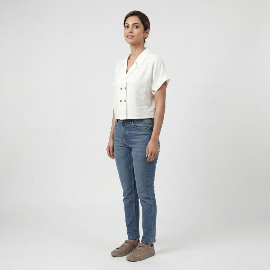 Women White Half Sleeve Lapel Collar Minimalist Shirt, सफ़ेद, large