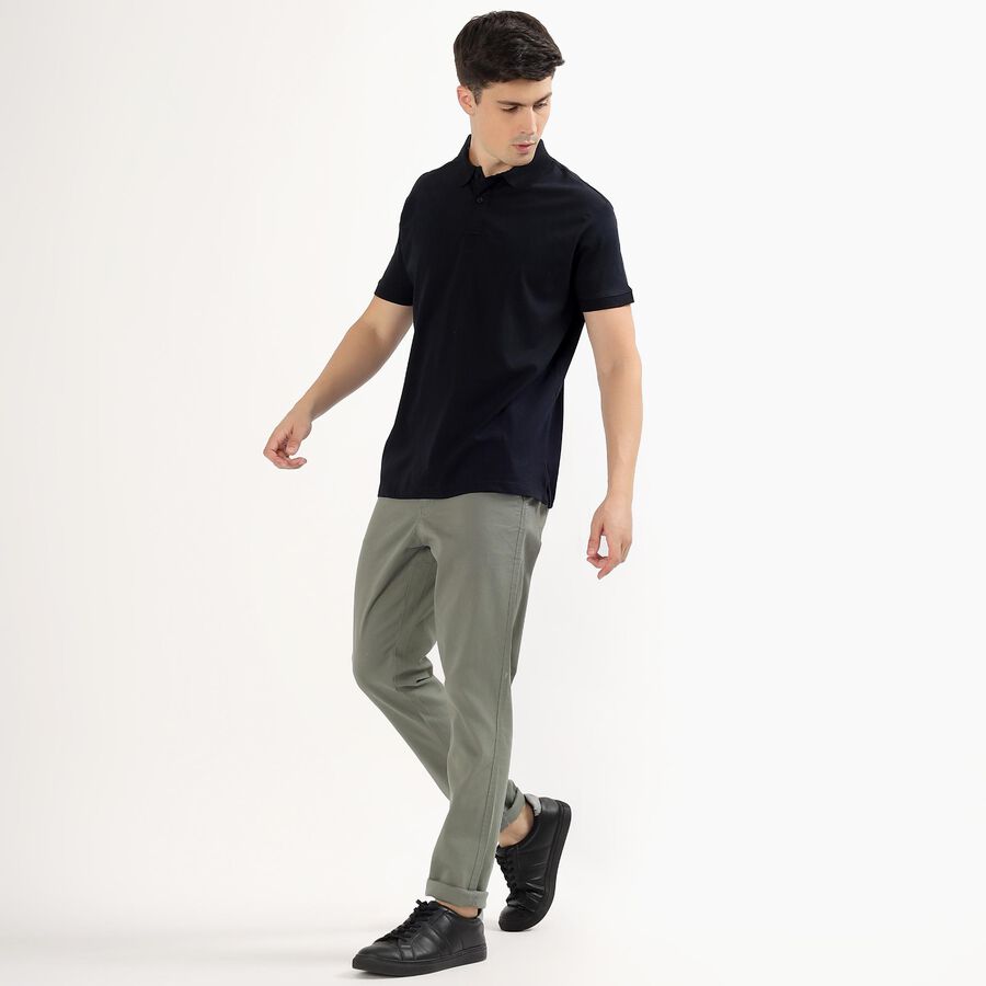Men's Muted Sage Green Slim Fit Flat-Front Casual Trousers, Dark Green, large