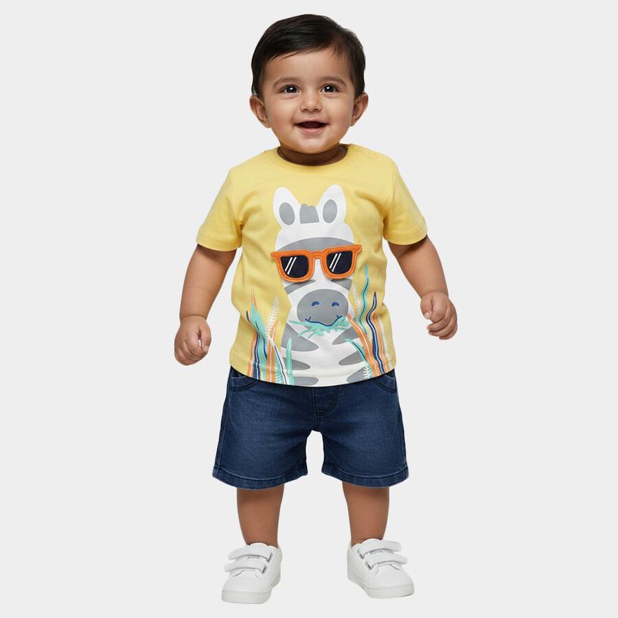 Infants' Yellow Cotton Round Neck Graphic Baba Suit, Yellow, large