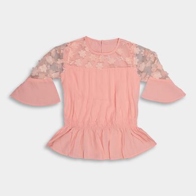 Girls' Peach Round Neck Bell Sleeve Tunic