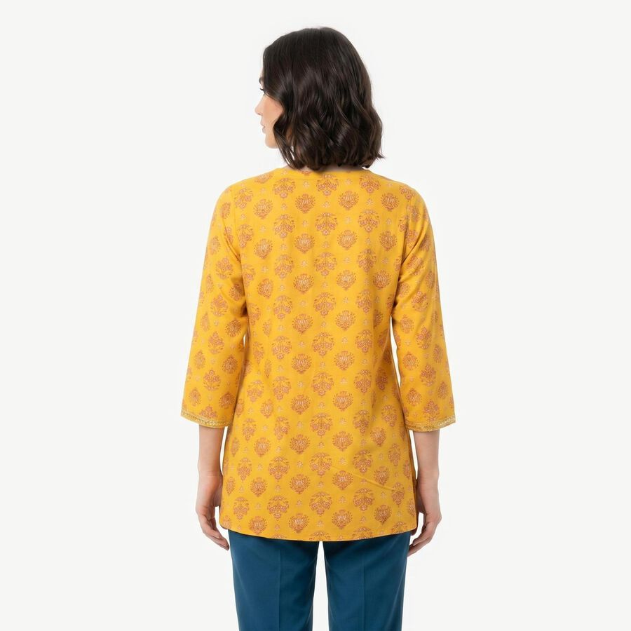 Women's Yellow V-Neck Printed A-Line Kurti, Yellow, large