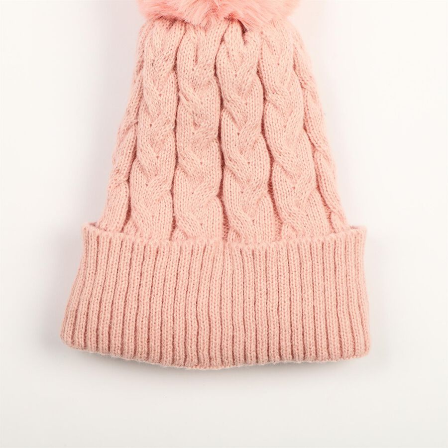 Women's Pink Cable Knit Pom-Pom Beanie Cap, हल्का गुलाबी, large
