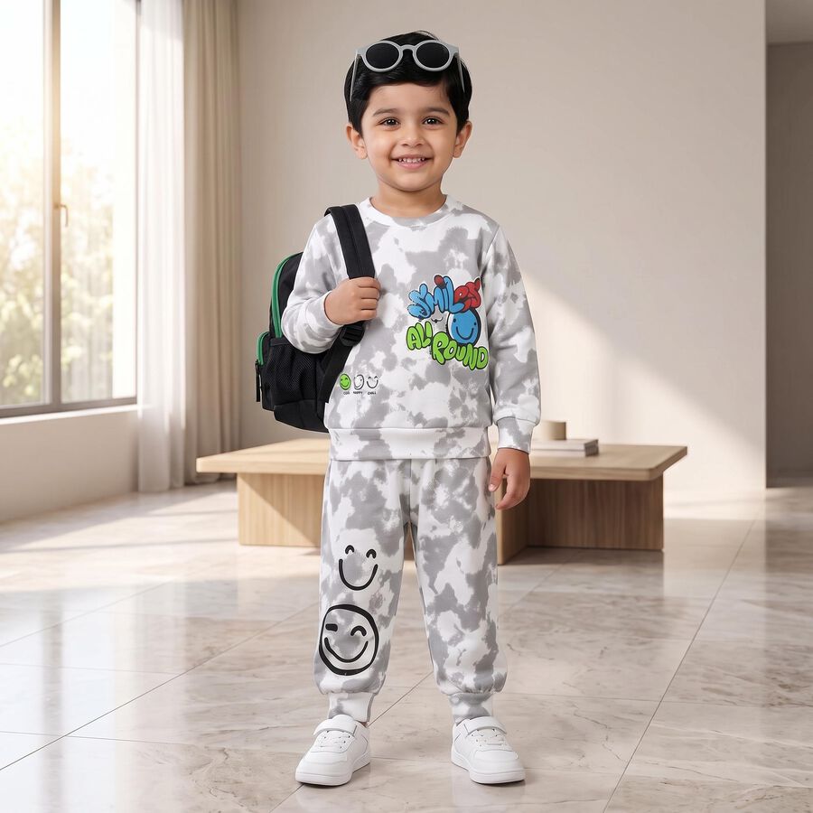 Boys Grey Crew Neck Graphic Print Baba Suit, Light Grey, large