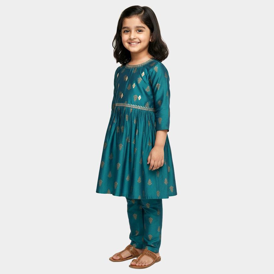 Girls Teal Blue Golden Motif Kurta and Pant Fusion Set, टील ब्लू, large image number null