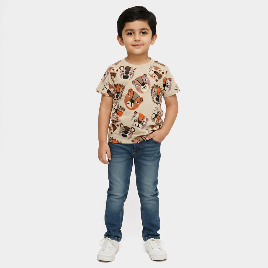 Boys Beige Cotton Round Neck Casual T-Shirt, Beige, large
