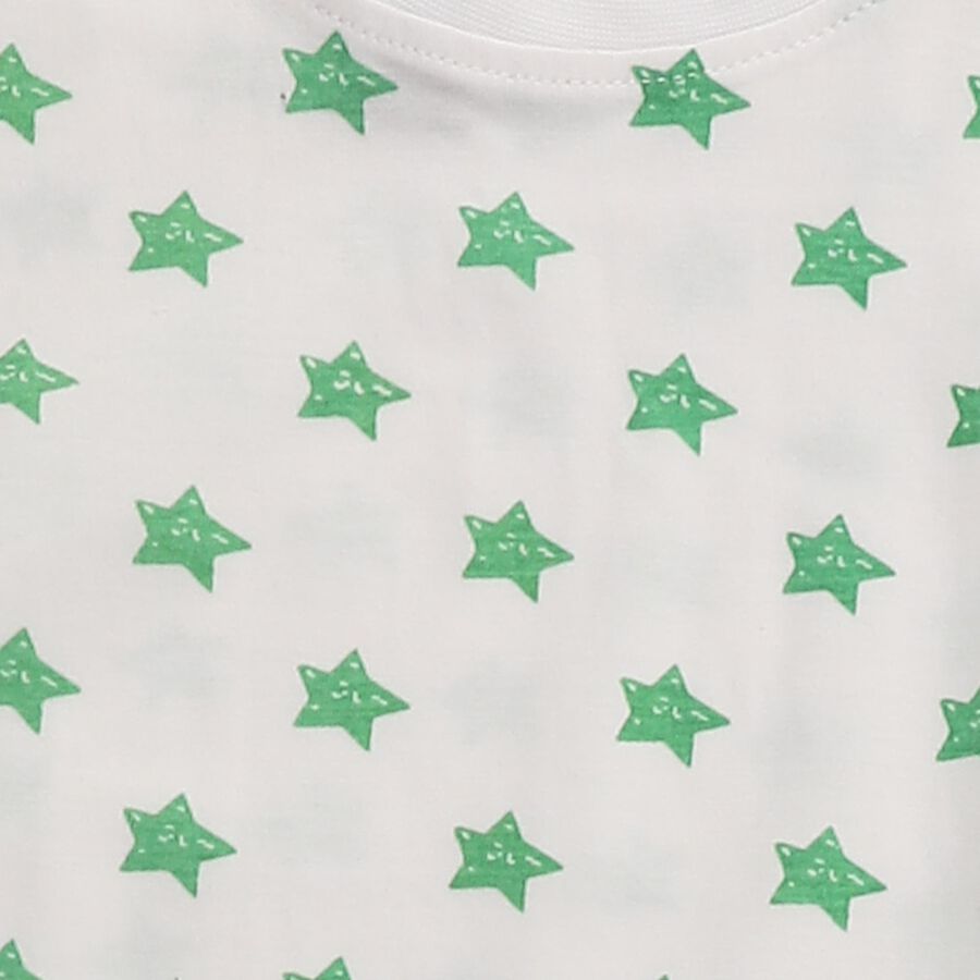 Boys White Cotton Round Neck Star Printed Night Suit, सफ़ेद, large